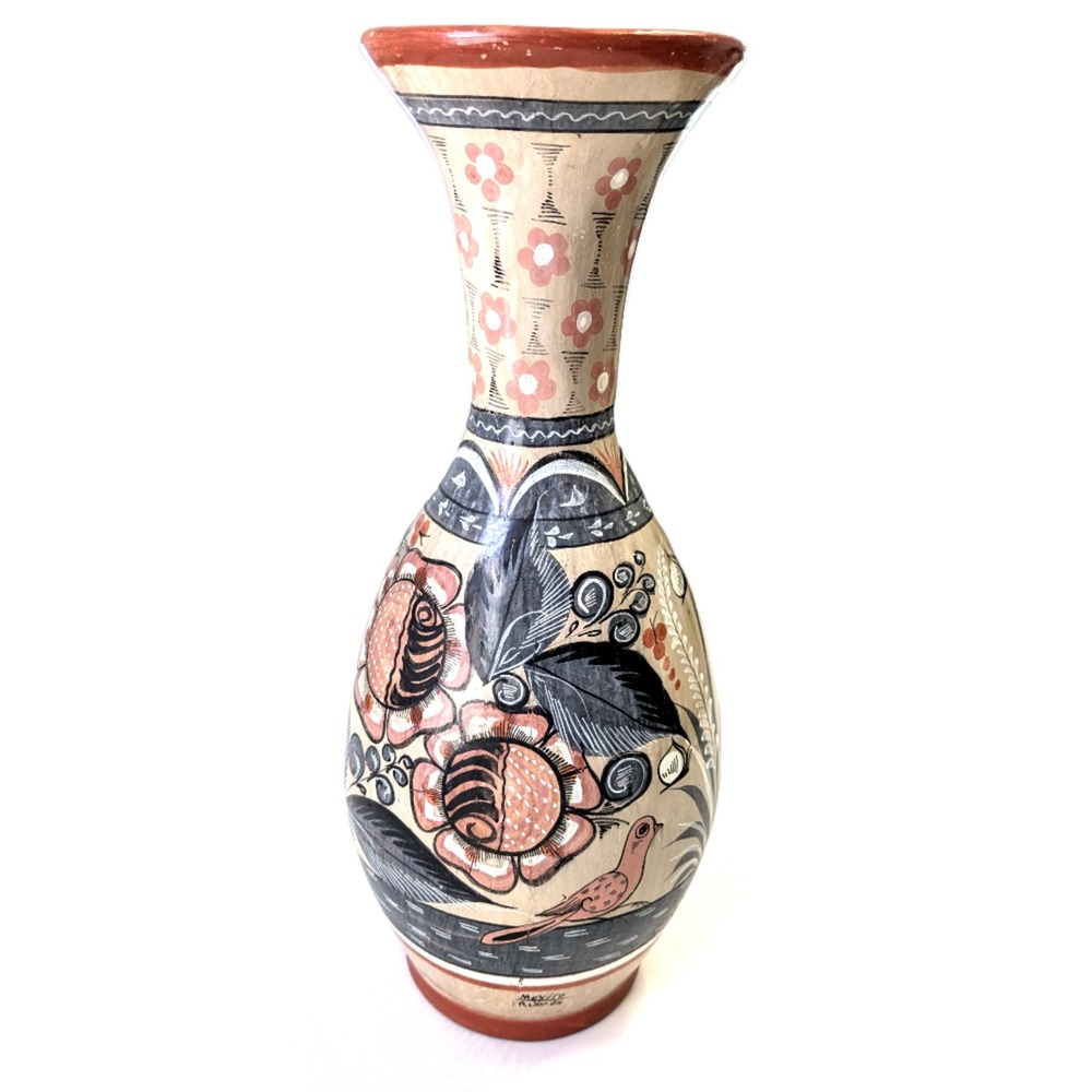 Vintage A. Jimon Tonala Mexican Pottery Folk Vase Hand Painted Barro Brunido 16"